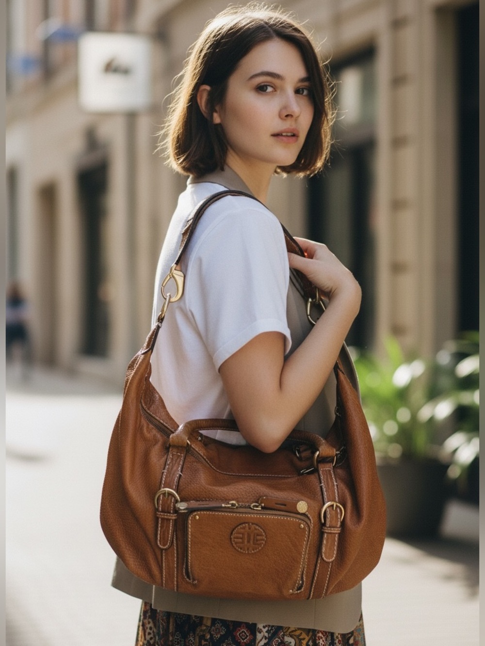 Vintage ANTONIO MELANI Tan Leather Shoulder Hobo with Front Pocket